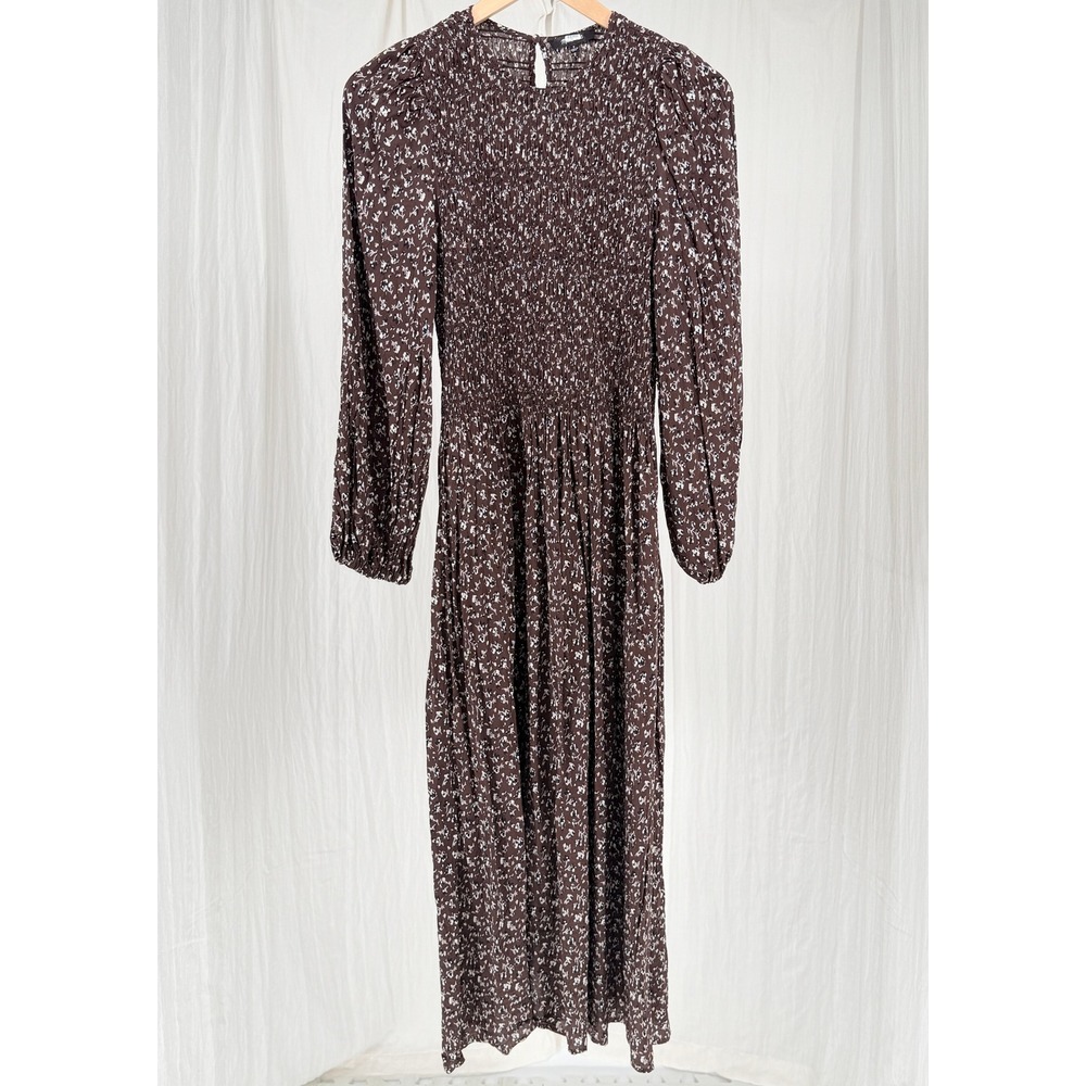 Madewell Floral Smocked Midi Dress Brown Long Sleeve Size S